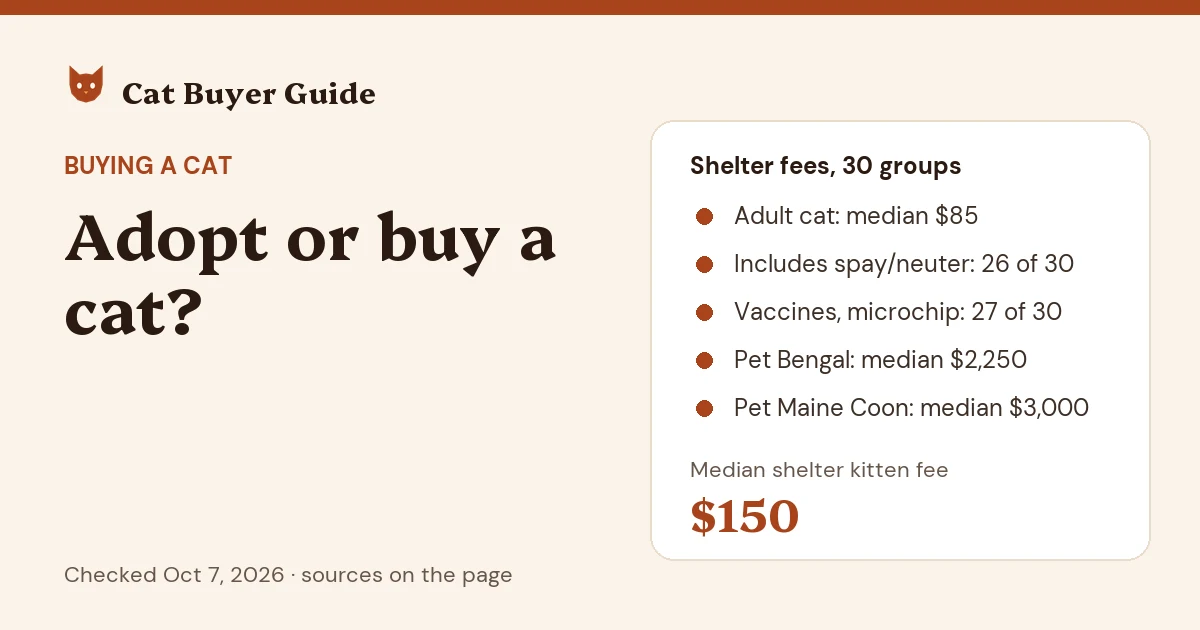Card: adopt or buy a cat? Adoption fees at 30 shelters and rescues on Oct 7, 2026: a median $85 for an adult cat and $150 for a kitten; 26 of 30 include spay/neuter and 27 vaccines and a microchip. Breeders' median pet price: $2,250 for a Bengal and $3,000 for a Maine Coon.