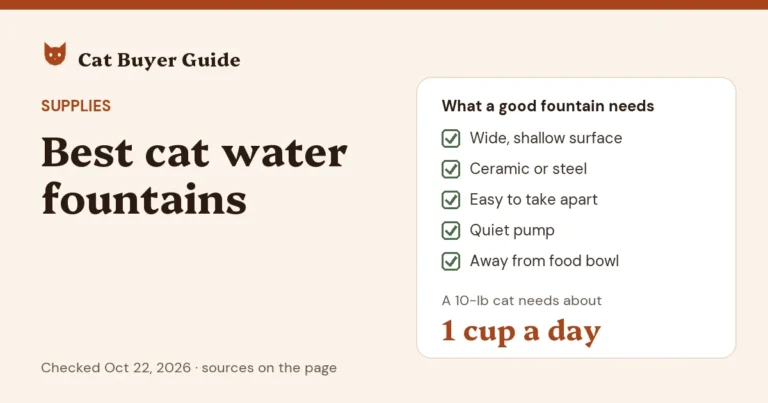 Card: best cat water fountains, a buyer's guide. A good fountain has a wide, shallow drinking surface in ceramic or stainless steel, comes apart easily for cleaning, has a quiet pump and sits away from the food bowl. A 10-pound cat needs about one cup of water a day.
