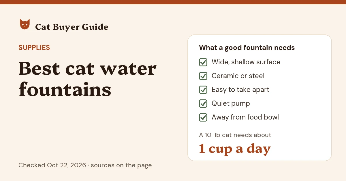 Card: best cat water fountains, a buyer's guide. A good fountain has a wide, shallow drinking surface in ceramic or stainless steel, comes apart easily for cleaning, has a quiet pump and sits away from the food bowl. A 10-pound cat needs about one cup of water a day.