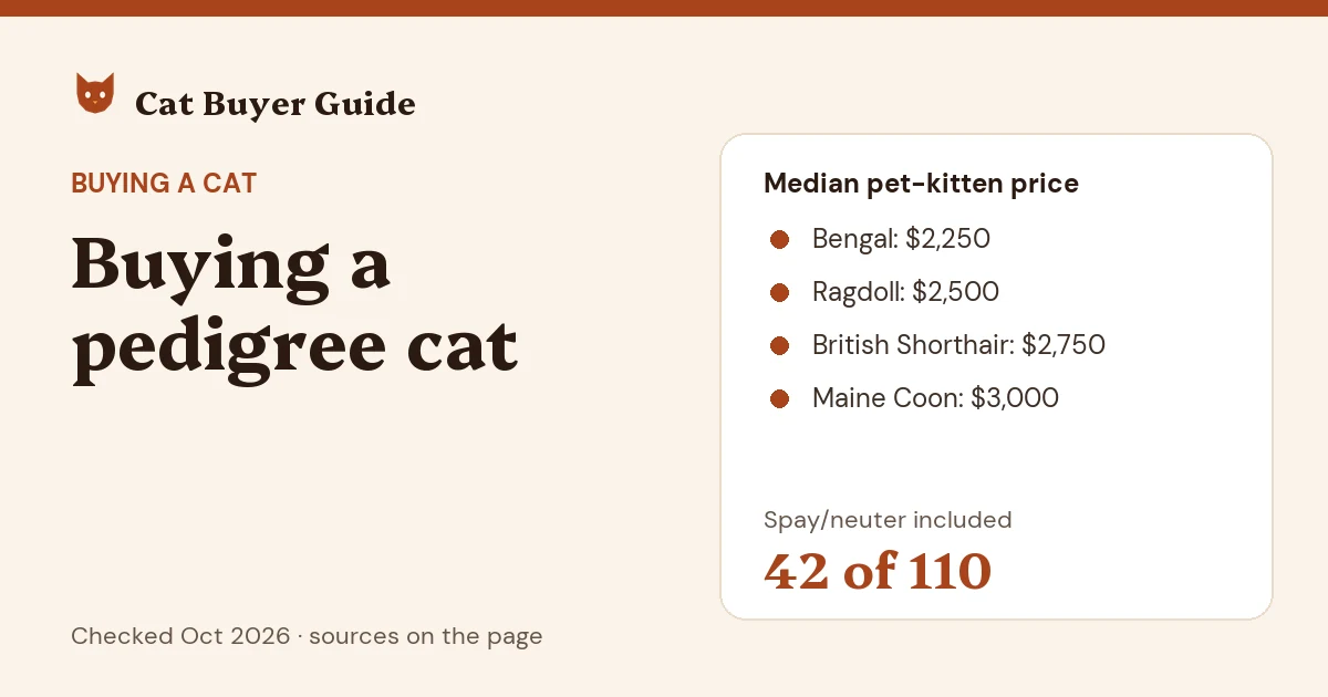 Card: buying a pedigree cat. Median pet-kitten prices at 110 US catteries in October 2026: Bengal $2,250, Ragdoll $2,500, British Shorthair $2,750, Maine Coon $3,000. 42 of the 110 catteries included the spay or neuter.