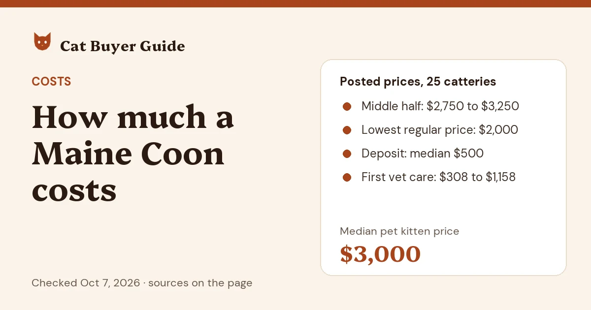 Card: how much a Maine Coon costs. Posted prices at 25 US catteries on Oct 7, 2026: a median pet kitten price of $3,000, with the middle half at $2,750 to $3,250 and the lowest regular price $2,000; a median deposit of $500; and $308 to $1,158 for first vet care.