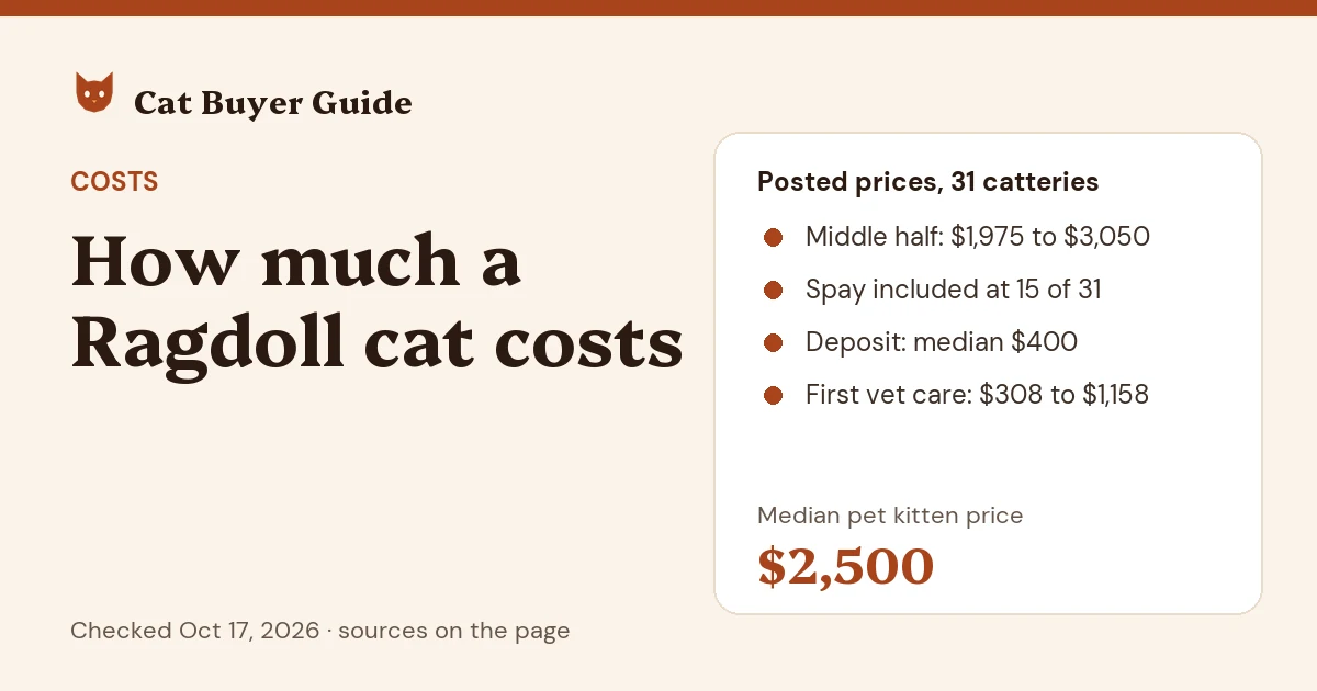 Card: how much a Ragdoll cat costs. Posted prices at 31 US catteries on Oct 17, 2026: a median pet kitten price of $2,500, with the middle half at $1,975 to $3,050; spay or neuter included at 15 of 31; a median deposit of $400; and $308 to $1,158 for first vet care.