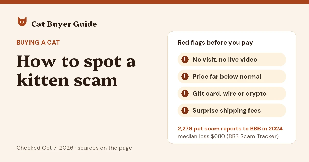 Card: how to spot a kitten scam. Four red flags: no visit or live video, a price far below normal, payment by gift card, wire or crypto, and surprise shipping fees. BBB logged 2,278 pet scam reports in 2024.