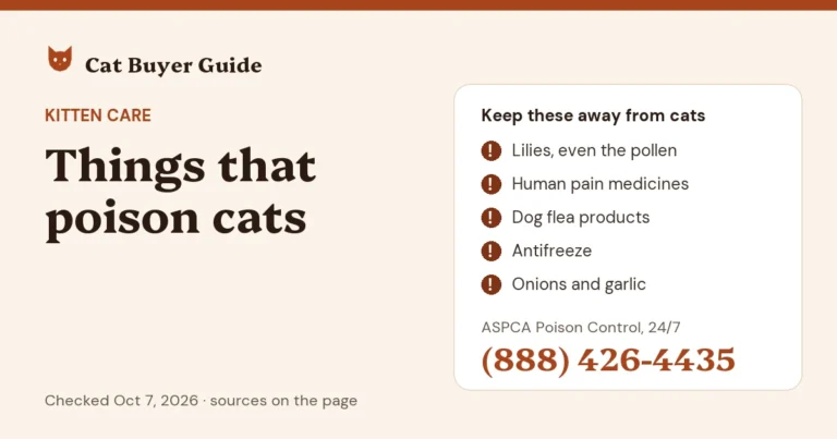 Card: things that poison cats. Keep lilies (even the pollen), human pain medicines, dog flea products, antifreeze, and onions and garlic away from cats. ASPCA Poison Control: (888) 426-4435, 24/7.